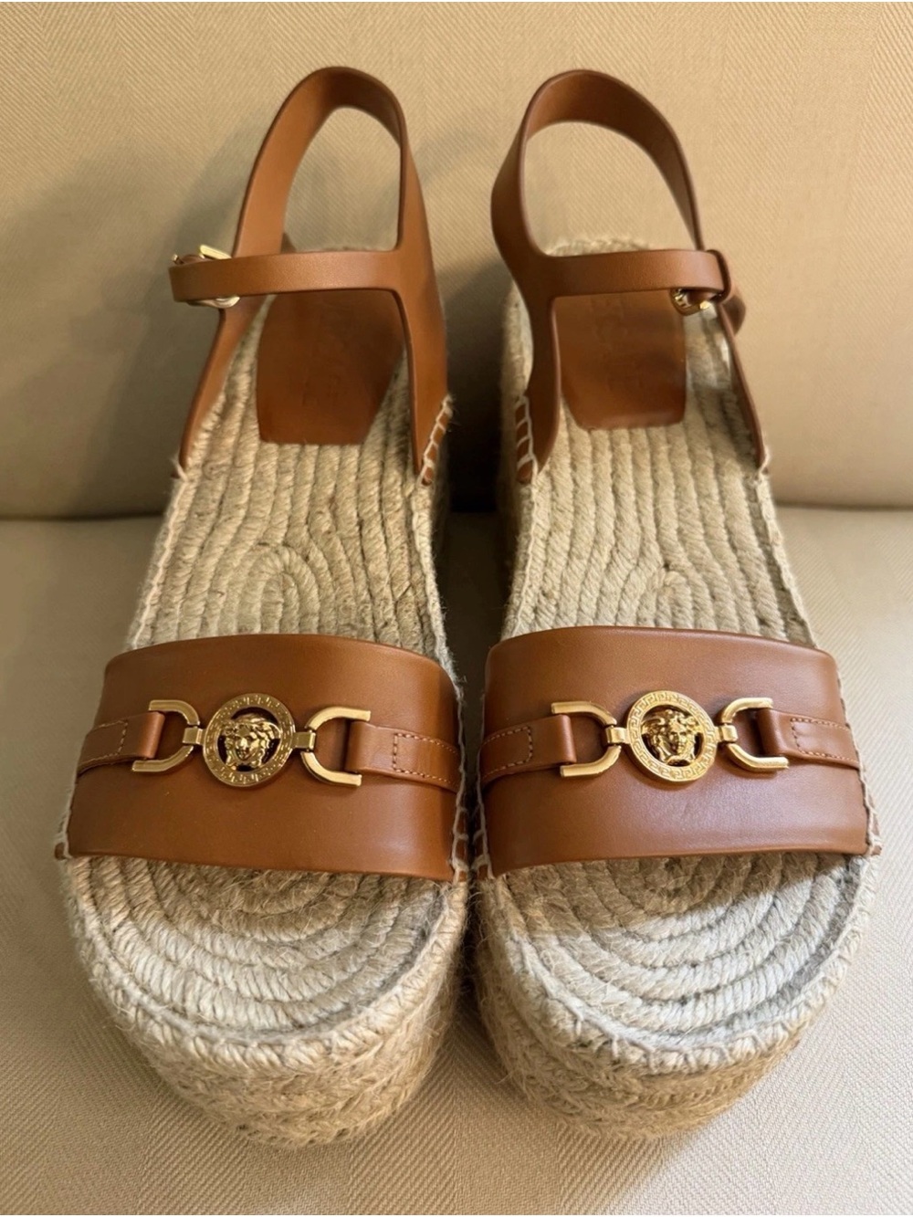 Versace Brown Leather Platform Espadrille Sandals with Gold Medusa Trim